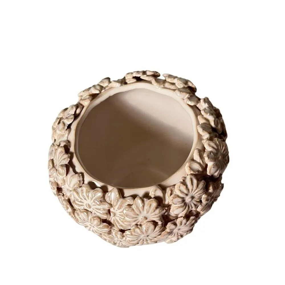 Ceramic Planter With Intricate 3D Floral Relief Cascading Sculpted Blossoms